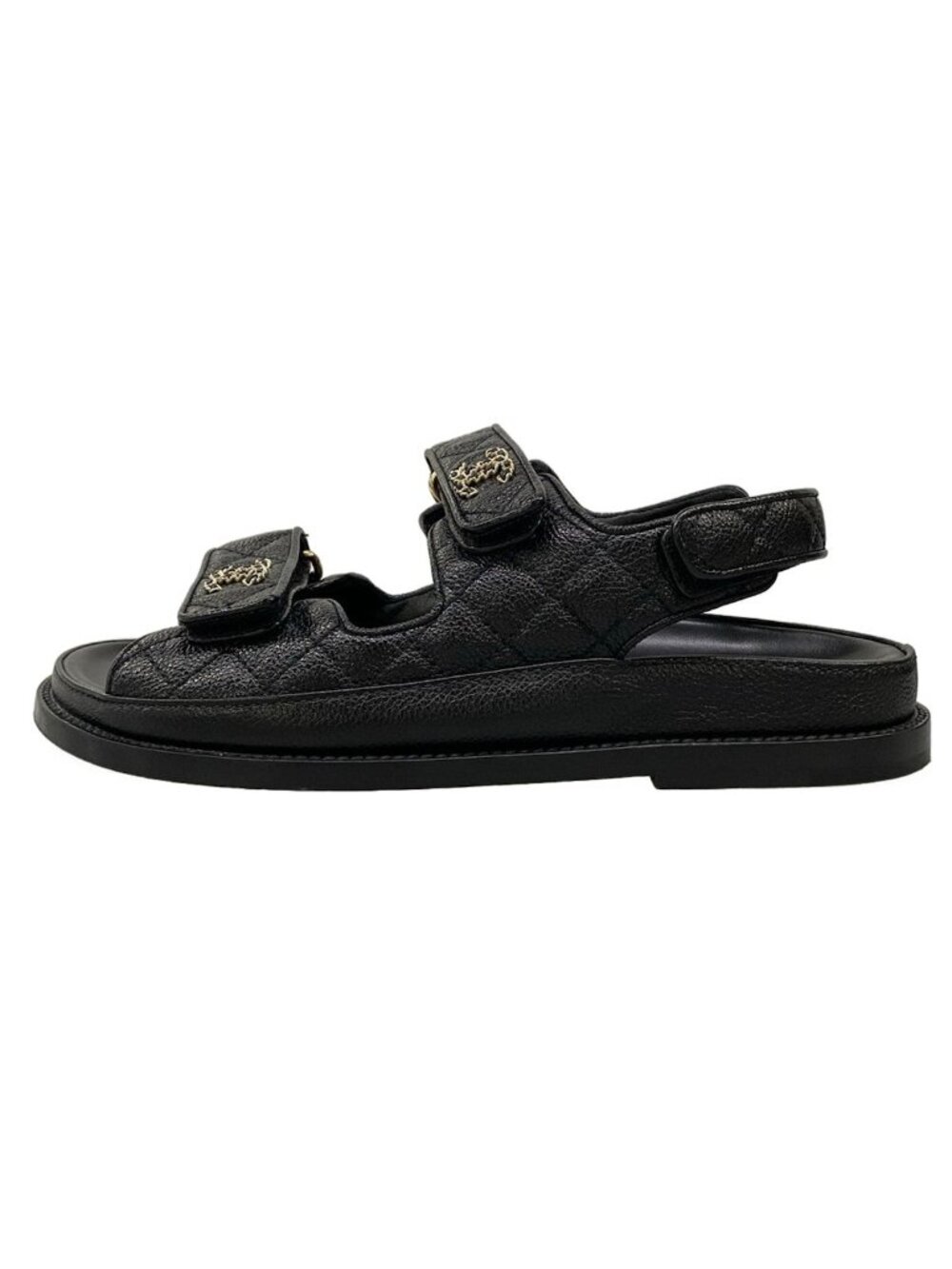Chanel Sandals C Black Quilted CC Logo Gold Velcro